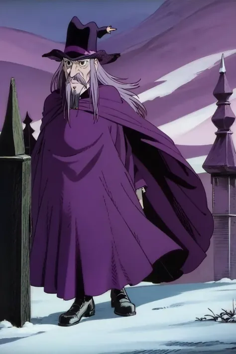 hobgoblin, purple cloak, hat, castle, mustache,