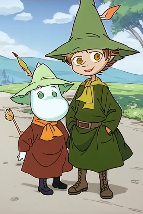 multiple, moomin, snufkin, 2boys, outside, sunny <lora:moominLORA_moomin:1>