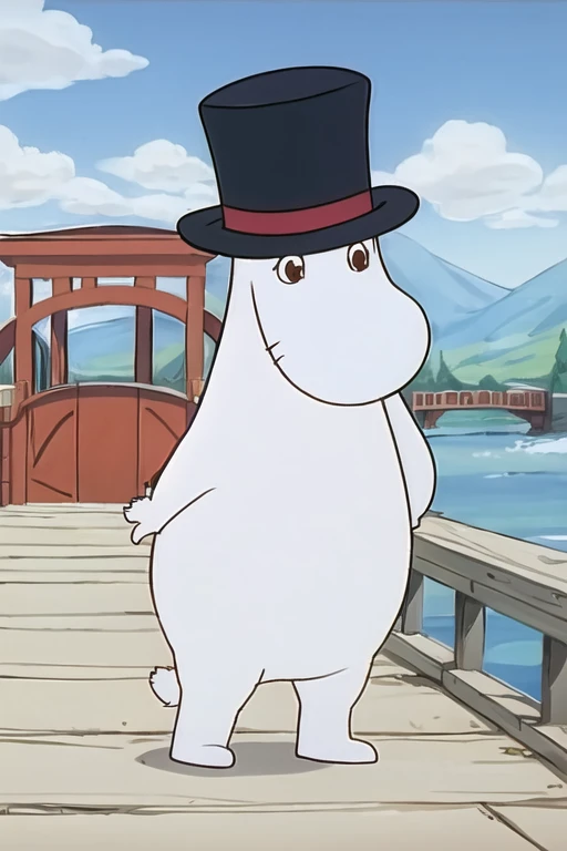 moopappa, tophat, outside, bridge, sunny <lora:moominLORA_moomin:1>