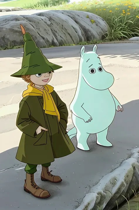 multiple, moomin, snufkin, 2boys, outside, sunny <lora:moominLORA_moominv12:1>