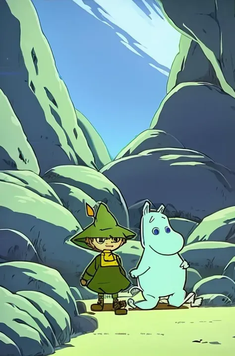 multiple, moomin, snufkin, 2boys, outside, sunny <lora:moominLORA_moominv12:1>