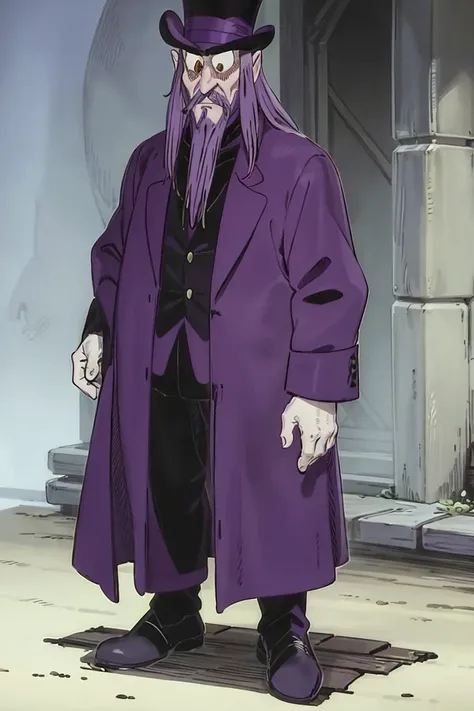 hobgoblin, old man, beard, mustache, full body, standing, violet coat, tophat,