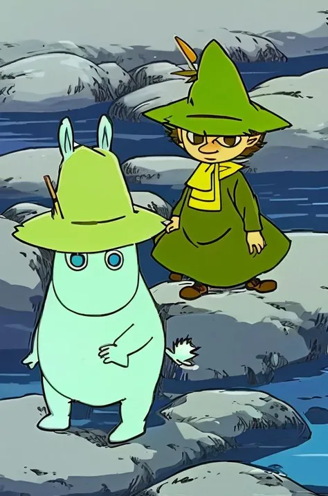multiple, moomin, snufkin, 2boys, outside, sunny <lora:moominLORA_moominv12:1>