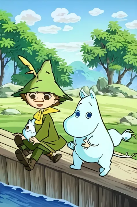 multiple, moomin, snufkin, 2boys, outside, sunny <lora:moominLORA_moominv12:1>
