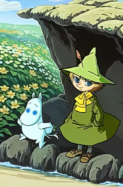 multiple, moomin, snufkin, 2boys, outside, sunny <lora:moominLORA_moominv12:1>