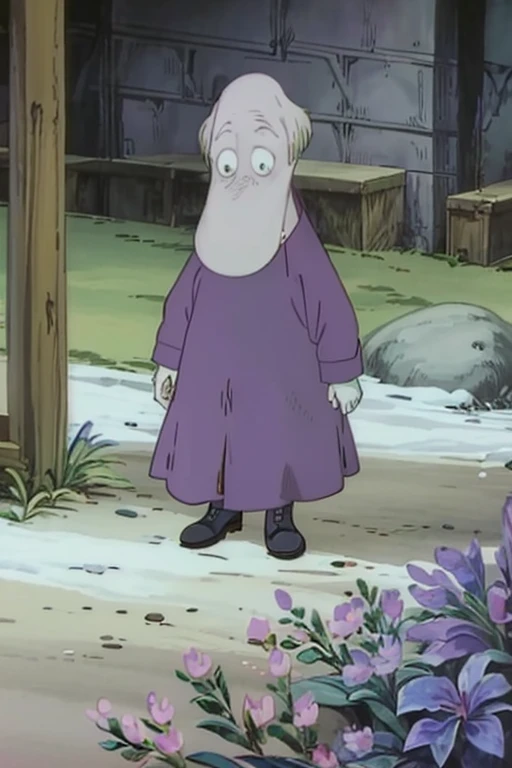 hemulen, outside, flowers, old man, violet dress
