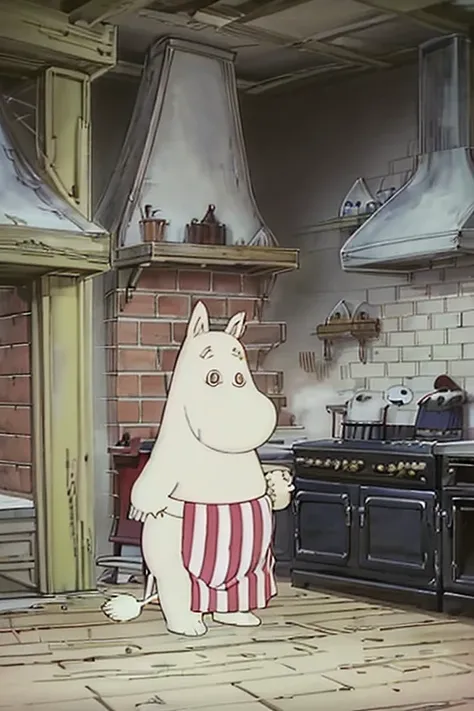 moominmamma, kitchen, striped apron, full body,