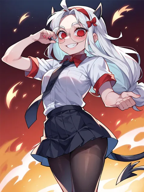 score_9, score_8_up, score_7_up, score_6_up, source_anime, helltaker style, source_anime, source_cartoon, helltaker <lora:yd_sdxl_linearv6:0.5>
BREAK
1girl, solo, ((little girl, small girl)), flat chest, light skin, white hair, (long hair:1.3), red eyes, round glasses,
BREAK
black skirt, plaid, plaid skirt, white shirt, school uniform, skirt, pantyhose, short sleeves, tie, black tie, loafer
BREAK
