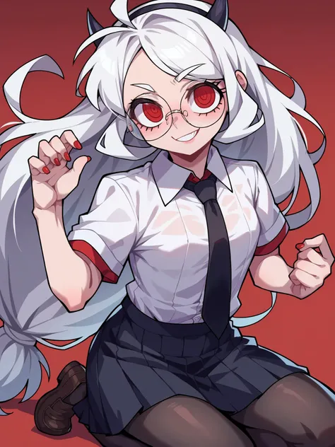 blindfolded, white long hair, red pupils, love in eyes, blushing, cute, smug, smile, rolling eyes, gray sweater, red necktie, short skirt, long sleeves