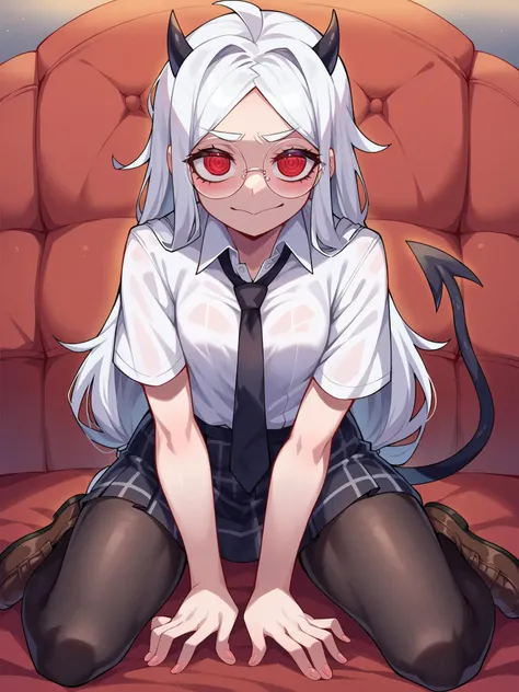 unzipped fly, solo, Lapland (Arknights), smile, white hair, loose hair, long hair, golden eyes, sitting on a chaise lounge, in the living room, legs spread, one leg up, scars, scratches, small breasts, small nipples, nipples sticking out, expression of pleasure, smile, one black thigh, boots, belt, underwear lace transparent, scar through the eye, hair clip, shadowed face, nipples with piercings, location, beautiful scarlet well-groomed pussy