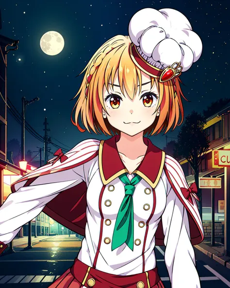 masterpiece, high quality, 1girl, mgrckurumimanaka, medium shot, upper body, dynamic pose, looking at viewer, chef hat with gem on head, red striped shawl with bows, green tie, white with red shirt, red with white buttoned skirt, outdoors, city, street, night, sky, stars, moon, moonglare, light smile, <lora:mgrckurumimanaka-05:0.8>