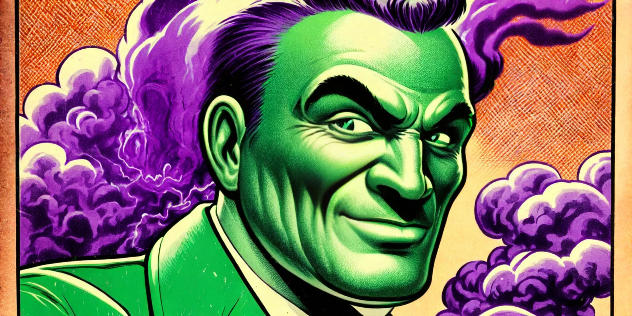 comic <lora:j_lee_xmen:1>SOOPA VILLIANS MR DIAMOND <text:Mr. Diamond:1.2> ,<text:SOOPA VILLIANS:1.2> <lora:Perfect Hands:1.2> <lora:ODOR_AI:.8> purple and green smoke effect <lora:ip-adapter-faceid-plusv2_sdxl_lora:1> . graphic illustration, comic art, graphic novel art, vibrant, highly detailed
