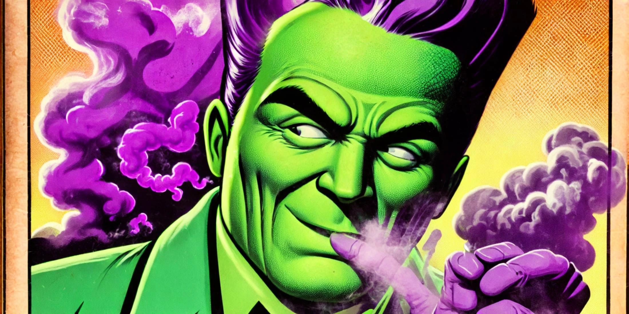 comic <lora:j_lee_xmen:1>SOOPA VILLIANS MR DIAMOND <text:Mr. Diamond:1.2> ,<text:SOOPA VILLIANS:1.2> <lora:Perfect Hands:1.2> <lora:ODOR_AI:.8> purple and green smoke effect <lora:ip-adapter-faceid-plusv2_sdxl_lora:1> . graphic illustration, comic art, graphic novel art, vibrant, highly detailed