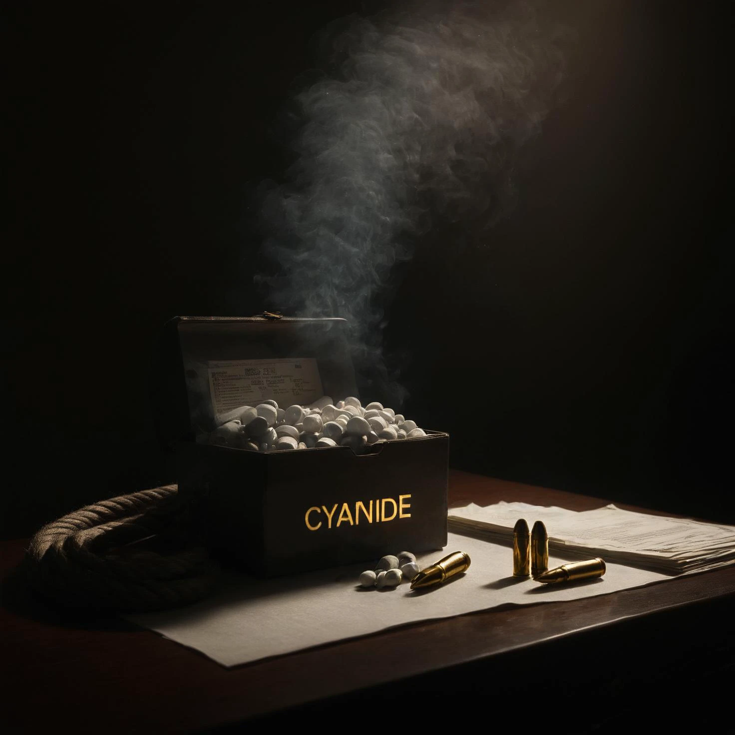 on a desk in an office, dramatic lighting, <lora:zavy-cntrst-sdxl:0.2> dark, chiaroscuro, low-key, <lora:Embers_Style_SDXL:0.1> mad-embr, smoky BREAK a coil of rope BREAK a box of cyanide pills with <lora:texta:1> the word "CYANIDE" in gold letters BREAK 9mm brass bullets BREAK an employee identity card