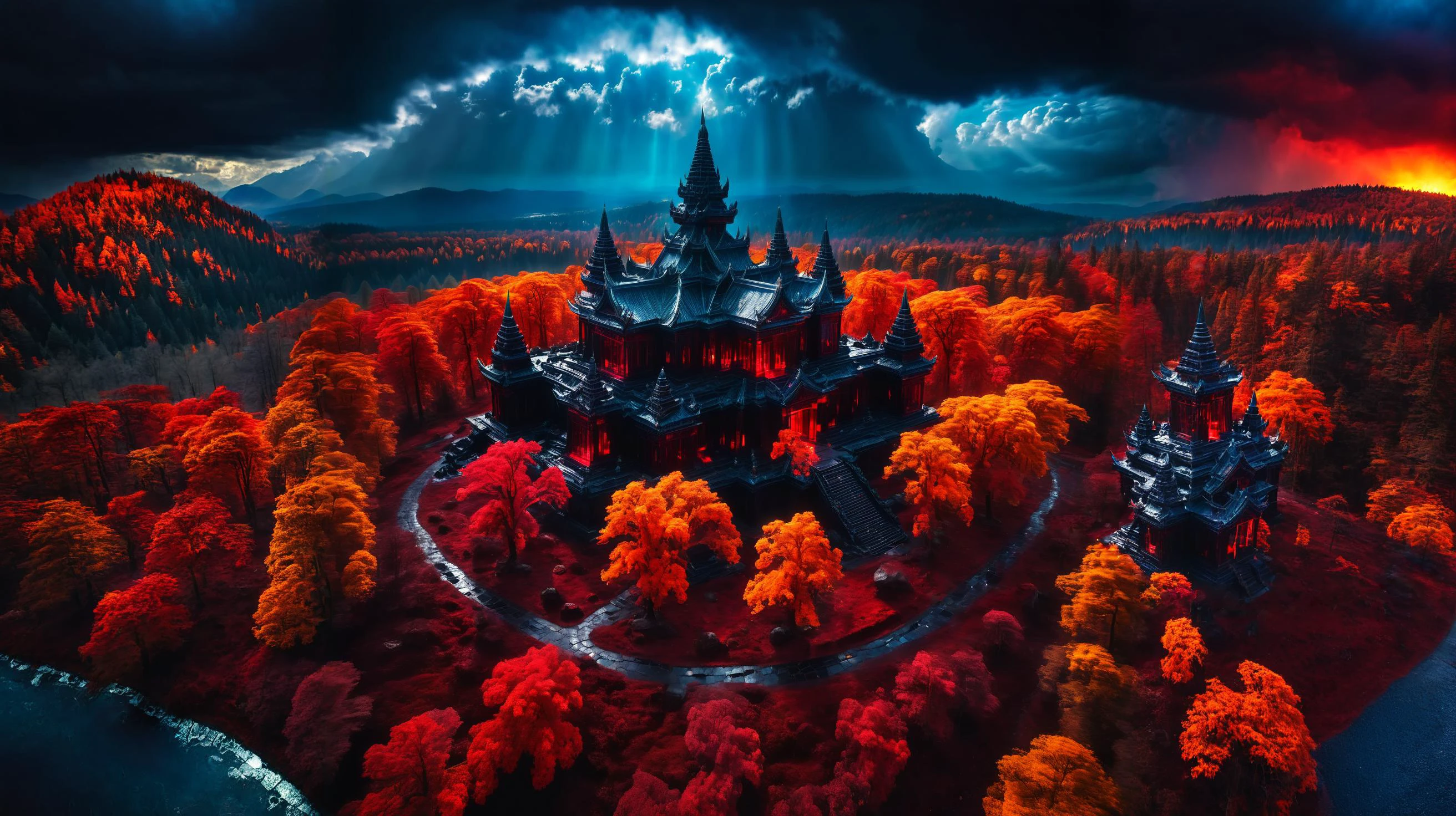 ancient black temple surrounded by glowing red forest, ground is made of very colorful reflective glass, mildly cloudy, godrays, aerial photo, wide view, dramatic lighting <lora:SDXLFaeTastic2400:1> <lora:zavy-cntrst-sdxl:0.3> dark