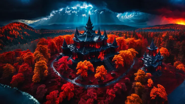 ancient black temple surrounded by glowing red forest, ground is made of very colorful reflective glass, mildly cloudy, godrays, aerial photo, wide view, dramatic lighting <lora:SDXLFaeTastic2400:1>  <lora:zavy-cntrst-sdxl:0.3> dark