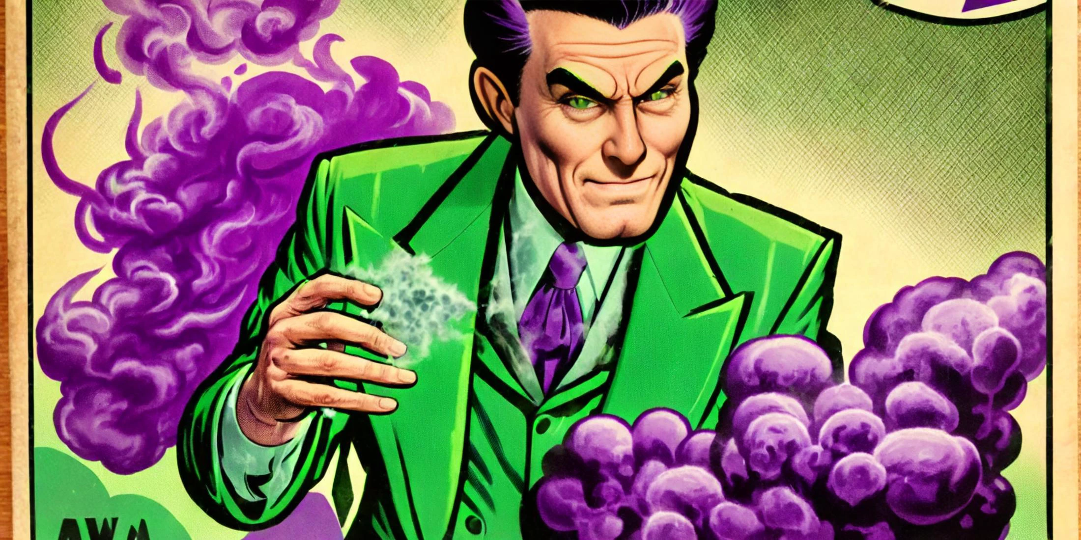 comic <lora:j_lee_xmen:1>SOOPA VILLIANS MR DIAMOND <text:Mr. Diamond:1.2> ,<text:SOOPA VILLIANS:1.2> <lora:Perfect Hands:1.2> <lora:ODOR_AI:.8> purple and green smoke effect <lora:ip-adapter-faceid-plusv2_sdxl_lora:1> . graphic illustration, comic art, graphic novel art, vibrant, highly detailed