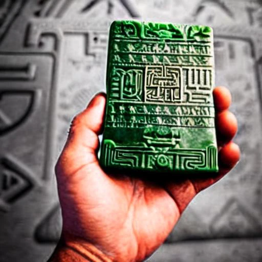 Hyperrealistic art epic photo of a man holding a small triangle shaped emerald tablet coverd with ancient symbols Aztec Myan hieroglyphics . Extremely high-resolution details, photographic, realism pushed to extreme, fine texture, incredibly lifelike