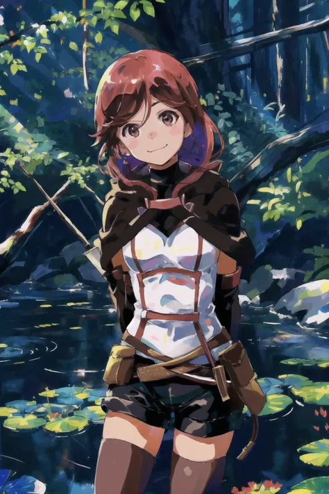 1girl, red hair, white shirt, black compression shirt, brown mantle, YumeGG, best quality, masterpiece, highres <lora:Yume:.9>, watercolor, pond, forest, looking at viewer, body shot, happy expression, quiver, belt pouch, standing, cute pose, arms behind back, head tilt, black thighhighs,