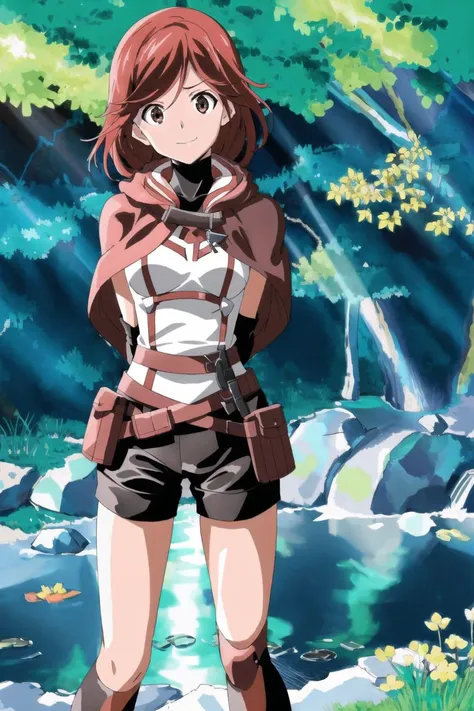 1girl, red hair, white shirt, black compression shirt, short brown cape, YumeGG, best quality, masterpiece, highres <lora:Yume:.9>, watercolor, pond, forest, looking at viewer, body shot, happy expression, quiver, belt pouch, standing, cute pose, arms behind back, head tilt,