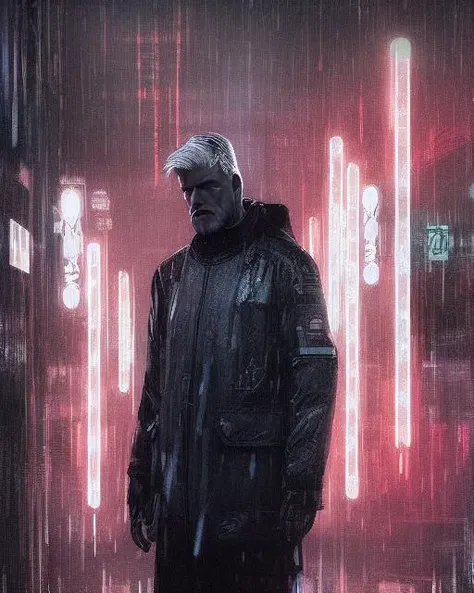 (sks man) detailed portrait, rain, cyberpunk futuristic neon, reflective puffy coat, decorated with traditional japanese ornaments by ismail inceoglu dragan bibin hans thoma greg rutkowski alexandros pyromallis nekro rene maritte illustrated, fine details, realistic shaded,