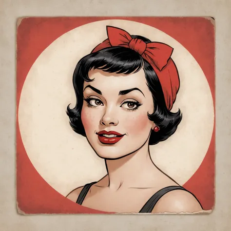 intrincate detailed cartoon in the style of matchbox art, safety matches, close-up of vintage pin-up woman with short black hair, red bandana, framed in a red circle, gritty texture, print displacement, halftone, worn out, engraved <lora:Cartoon_SDXL_V2:1>