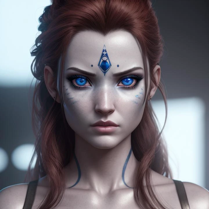 Avatar avatar women eye contact in camara face to face blue face tatto . Sci-fi, Pandora, bioluminescent, 3D, highly detailed