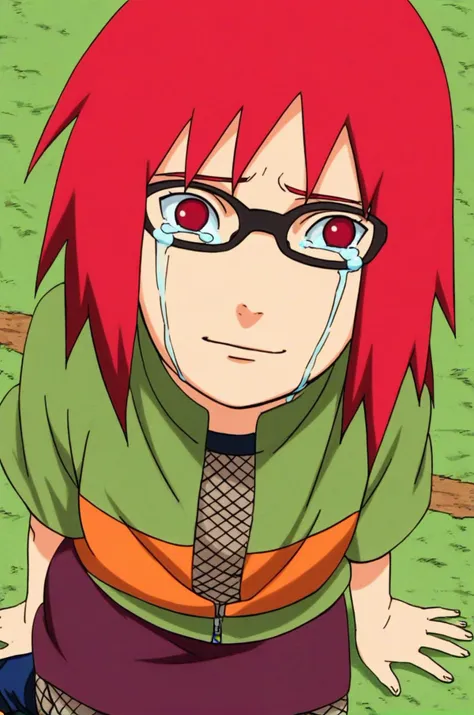 score_9, score_8_up, score_7_up, 
BREAK 
colored_narutomanga_ownwaifu , \(naruto\), 1girl, karin uzumaki, genin, \(Naruto\), beautiful red eyes, red hair, short hair   glasses, karin is a 13 year old girl,    beautiful ,crying tears of joy, happy (tears, crying:1.2), smile
BREAK 
Fishnet top, fishnets, fishnet tights, green jacket zipped, short sleeves, brown skirt, skirt, kusagakure symbol, toeless footwear,
young child
naruto manga cover,
 <lora:Karin_genin_Naruto_-_Pony:0.9>  <lora:PONYXL_NarutoMangaColored_ownwaifu:0.9>  <lora:teary:1>