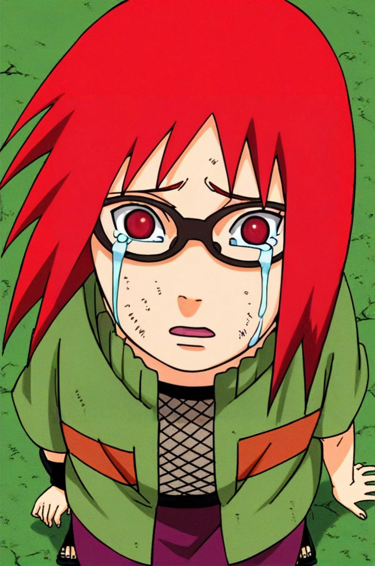 score_9, score_8_up, score_7_up,
BREAK
colored_narutomanga_ownwaifu , \(naruto\), 1girl, karin uzumaki, genin, \(Naruto\), beautiful red eyes, red hair, short hair glasses, karin is a girl, teary,tear,sad,sorrow,crying,open mouth,detailed face,short hair,face
BREAK
Fishnet top, fishnets, fishnet tights, green jacket zipped, short sleeves, brown skirt, skirt, kusagakure symbol, toeless footwear,
young childga cover,
<lora:Karin_genin_Naruto_-_Pony:0.9> <lora:PONYXL_NarutoMangaColored_ownwaifu:0.9> <lora:teary:1>