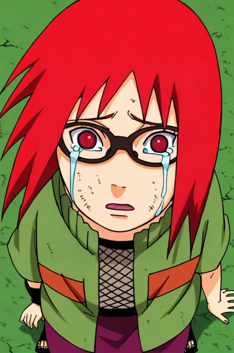 score_9, score_8_up, score_7_up, 
BREAK 
colored_narutomanga_ownwaifu , \(naruto\), 1girl, karin uzumaki, genin, \(Naruto\), beautiful red eyes, red hair, short hair   glasses, karin is a  girl, teary,tear,sad,sorrow,crying,open mouth,detailed face,short hair,face
BREAK 
Fishnet top, fishnets, fishnet tights, green jacket zipped, short sleeves, brown skirt, skirt, kusagakure symbol, toeless footwear,
young childga cover,
 <lora:Karin_genin_Naruto_-_Pony:0.9>  <lora:PONYXL_NarutoMangaColored_ownwaifu:0.9>  <lora:teary:1>