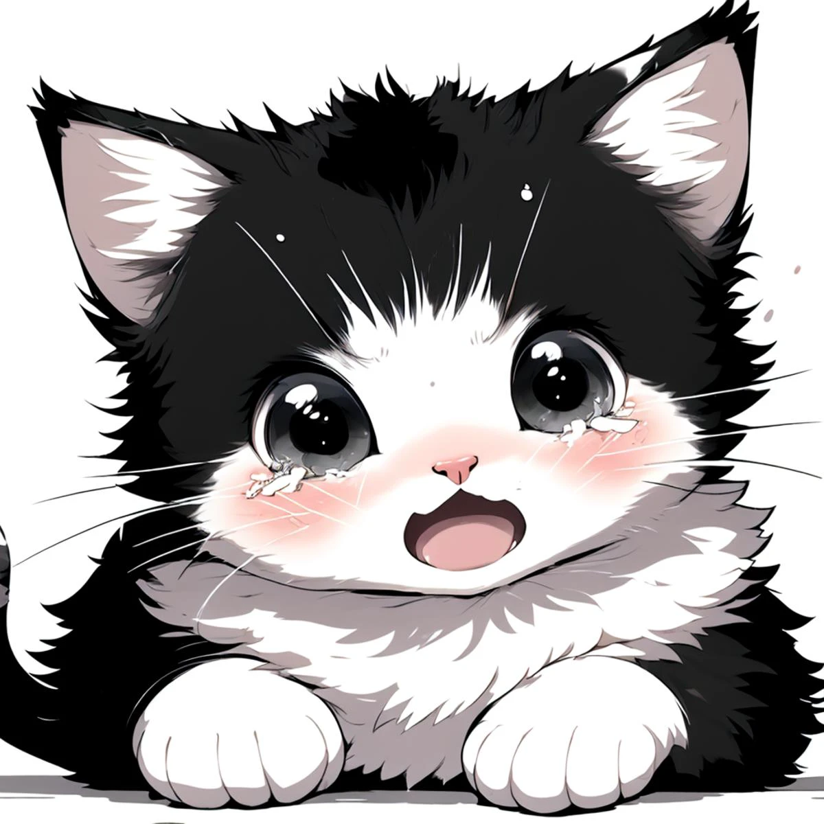 <lora:cat_20230627113759:0.8>, lineart, 1cat, (high angle), tears, sorrow, crying, open mouth, <lora:teary:0.7>, full body,
simple background, white background,