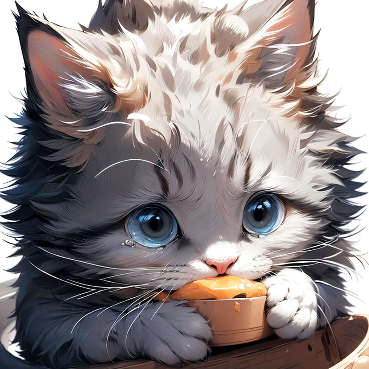 (Masterpiece:1.2, high quality),
<lora:cat_20230627113759:0.8>, lineart, 1cat, (high angle), (tears, sorrow, crying), <lora:teary:0.7>, full body, (grey|blue cat), cat holding a small bowl in his hand, open mouth, big eyes,
simple background, white background,