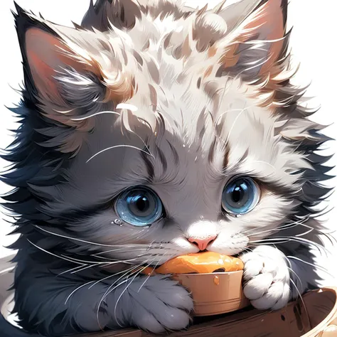 (Masterpiece:1.2, high quality),
<lora:cat_20230627113759:0.8>, lineart, 1cat, (high angle),  (tears, sorrow, crying), <lora:teary:0.7>, full body, (grey|blue cat), cat holding a small bowl in his hand, open mouth, big eyes,
simple background,  white background,