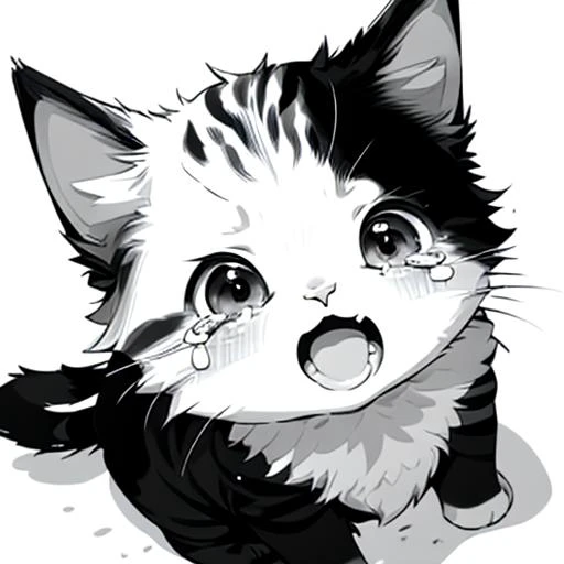 <lora:cat_20230627113759:0.8>, lineart, 1cat, (high angle), tears, sorrow, crying, open mouth, <lora:teary:0.7>, monochrome, looking at viewer, full body,
simple background, white background,