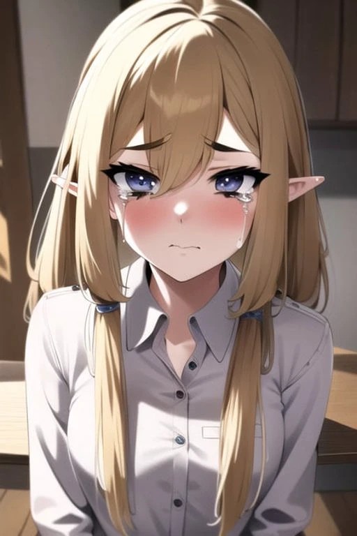 teen elf, blond long hair, teary,tear,sad,sorrow,crying, 8k, hight quality, ((masterpiece, best quality)), highly detailed, intricate detail, masterpiece, ultra-detailed:1.2, denoise, no grain, remove noise, remove grain, (hdr), <lora:cryTearyFace_v10:1>, corneo_runny_makeup