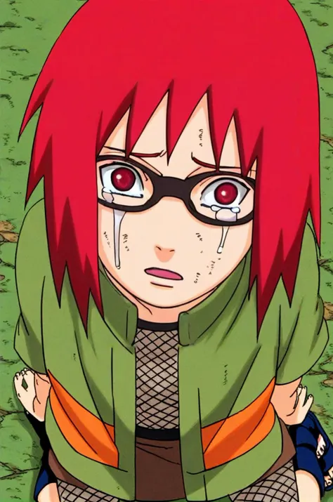 score_9, score_8_up, score_7_up, 
BREAK 
colored_narutomanga_ownwaifu , \(naruto\), 1girl, karin uzumaki, genin, \(Naruto\), beautiful red eyes, red hair, short hair   glasses, karin is a 13 year old girl, teary,tear,sad,sorrow,crying,open mouth,detailed face,short hair,face
BREAK 
Fishnet top, fishnets, fishnet tights, green jacket zipped, short sleeves, brown skirt, skirt, kusagakure symbol, toeless footwear,
young child
naruto manga cover,
 <lora:Karin_genin_Naruto_-_Pony:0.9>  <lora:PONYXL_NarutoMangaColored_ownwaifu:0.9>  <lora:teary:1>