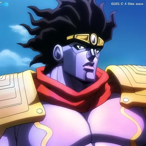 anime screenshot, scarf, looking at viewer, ((bust shot, face)),armor, star platinum, solo (Masterpiece), (top quality), (best quality), (digital artwork:1.4),1boy, male, muscular, large pectorals, black hair, dark hair, <lora:StarPlat:0.85>