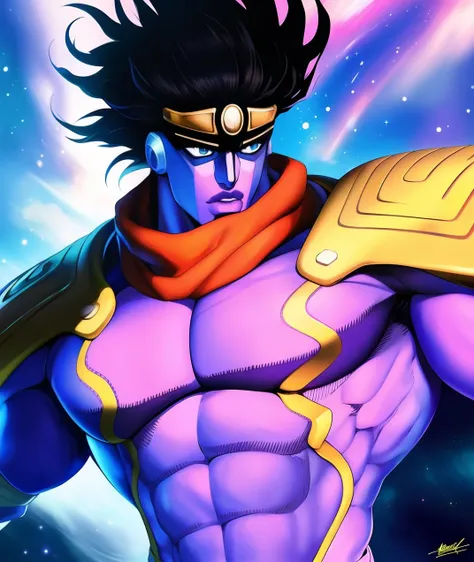 star platinum, solo (Masterpiece), (top quality), (best quality), (digital artwork:1.4),1boy,  male, muscular, large pectorals, black hair, dark hair, blue eyes, upper body, beautiful detail,masterpiece, best quality, ultra-detailed detailed, detailed digital artwork, hi res,  <lora:StarPlat:0.92>