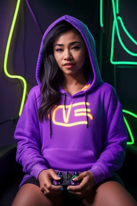 DEN_rainelee_SG,
(sitting at a computer wearing headphones and playing games (holding a controller:1.2) wearing a (hoodie:1.2) in a (neon lit room:1.3), (gamer:1.2), gaming, (gamer girl:1.3), games, (purple lighting, neon:1.2):1.2),
bokeh, f1.4, 40mm, photorealistic, raw, 8k, textured skin, skin pores, intricate details <lora:epi_noiseoffset2:1>, epiCRealism <lora:ClothingAdjuster3:-1>