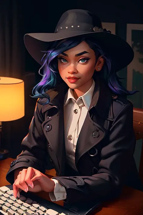 DEN_rainelee_SG,
(a 1940s private investigator wearing a trench coat and rimmed hat sitting in a drab dank office at the desk using a typewriter, private investigator, 1940s:1.2),
bokeh, f1.4, 40mm, photorealistic, raw, 8k, textured skin, skin pores, intricate details <lora:epi_noiseoffset2:1>, epiCRealism <lora:ClothingAdjuster3:-1>