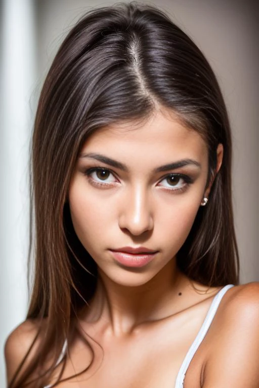 professional photography of an young brazilian woman with a attractive body and a fresh face and monolid eyes and silver Lob hair inside a room , highly detailed, Magnetic, slim,