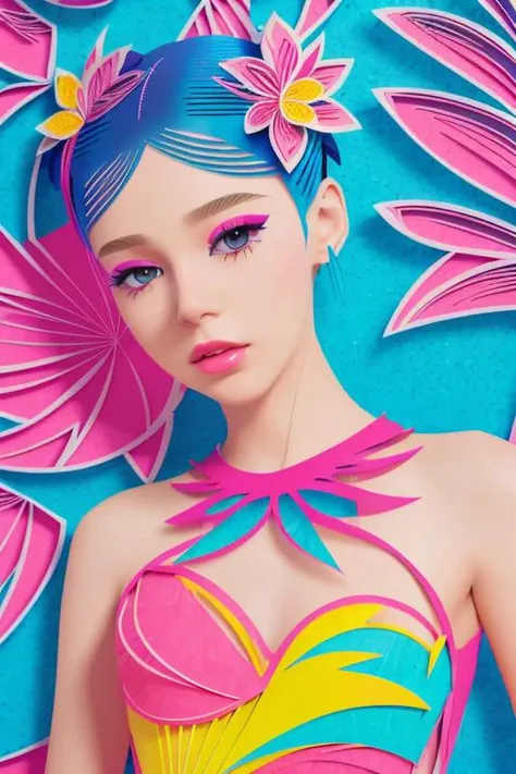 fashion portrait of a young girl wearing sexy dress, tropical flowers, colorful, (abstract papercut style:1.4), highly detailed, cgi, surreal, (2.5d:1.4), dramatic, petite, (nude:1.2), staring eyes, (small breasts:1.4)