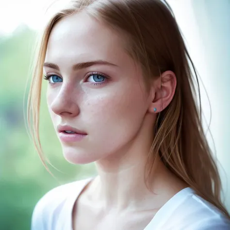 detailed and realistic portrait of a woman ,(freckles:0.5) ,  outside, wearing a white t shirt, staring at camera, chapped lips, soft natural lighting, portrait photography, magical photography, dramatic lighting, photo realism, ultra-detailed, intimate portrait composition, Leica 50mm, f1. 4
