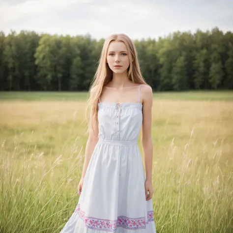 professional photography of a nordic girl wearing an ukrainian dress standing on the grass, bare shoulders, playfull, erotic, skinny, slim, medium hair,  photography, highly detailed,