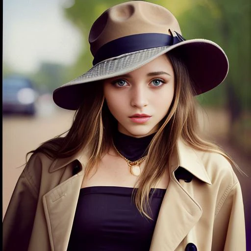 an analog photograph by david sims of a lady looking like GabiG9-1000 wearing a stylish trench and a fedora,