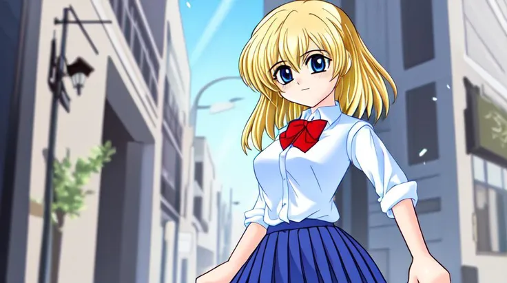 masterpiece, best quality, highly detiled, (textless version:1.3), deep focus, front view, complex background, digital art, japanese houses, street, street lamp, 1girl, solo, solo female, flat chest, blonde hair, cute anime girl, full length portrait, school uniform, red bowtie, long-sleeved white shirt, dark blue waistcoat, short dark skirt, full-body shot, dynamic pose, perfect anatomy, beautiful face, symmetrical face, painted by pixiv, highly detailed, fine details, ((detalied face)), perfect face, highly detailed eyes, 4k, highres, trending on artstation, ultra hd, sharp, ultra-detailed, extremely clear, 4k textures, ((soft daylight)), highres, (intricate details, hyperdetailed:1.15) <lora:LoraHoukiboshiStyleFor_loraV10:0.45> <lora:ryukishi07Higurashi_v1:1> <lora:houtengekiStyle_v2:0.45>