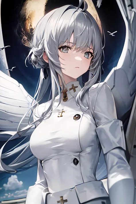 solo,masterpiece, best quality,1girl, ahoge, aircraft, airplane, bird, cloud, cloudy_sky, cross, crown, fighter_jet, flying, gloves, grey_eyes, grey_sky, jet, long_hair, looking_at_viewer, military_vehicle, outdoors, seagull, sky, solo, wings