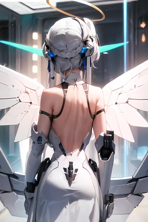 solo,masterpiece, best quality,1girl, back breasts, glowing, halo, headgear, light_rays, mecha, mecha_musume, mechanical_halo, robot, science_fiction, solo, wings,white hair,white dress,