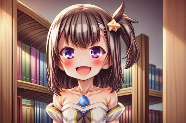 masterpiece_portrait, high quality, canvas, anime_art_style, cartoon,year 2014, fate kaleid liner prisma illya, mimi katsura, asymmetrical bangs, gemstone, blue gemstone, bookshelf, library, open_mouth, smile, blush, solo, :d, ^_^, indoors, happy, ^o^, laughing, 1girl, blush, black_background, purple_eyes, simple_background, solo,looking_at_viewer, star (symbol), bare shoulders, dress, magical girl, star hair ornament, one side up, upper_body, black_hair, short_sleeves,<lora:add_detail:0.6><lora:hyperdetailer_v095:0.5> <lora:PrismaFinal:0.6> <lora:mimi_katsura_magical_girl_vol._5:0.8>