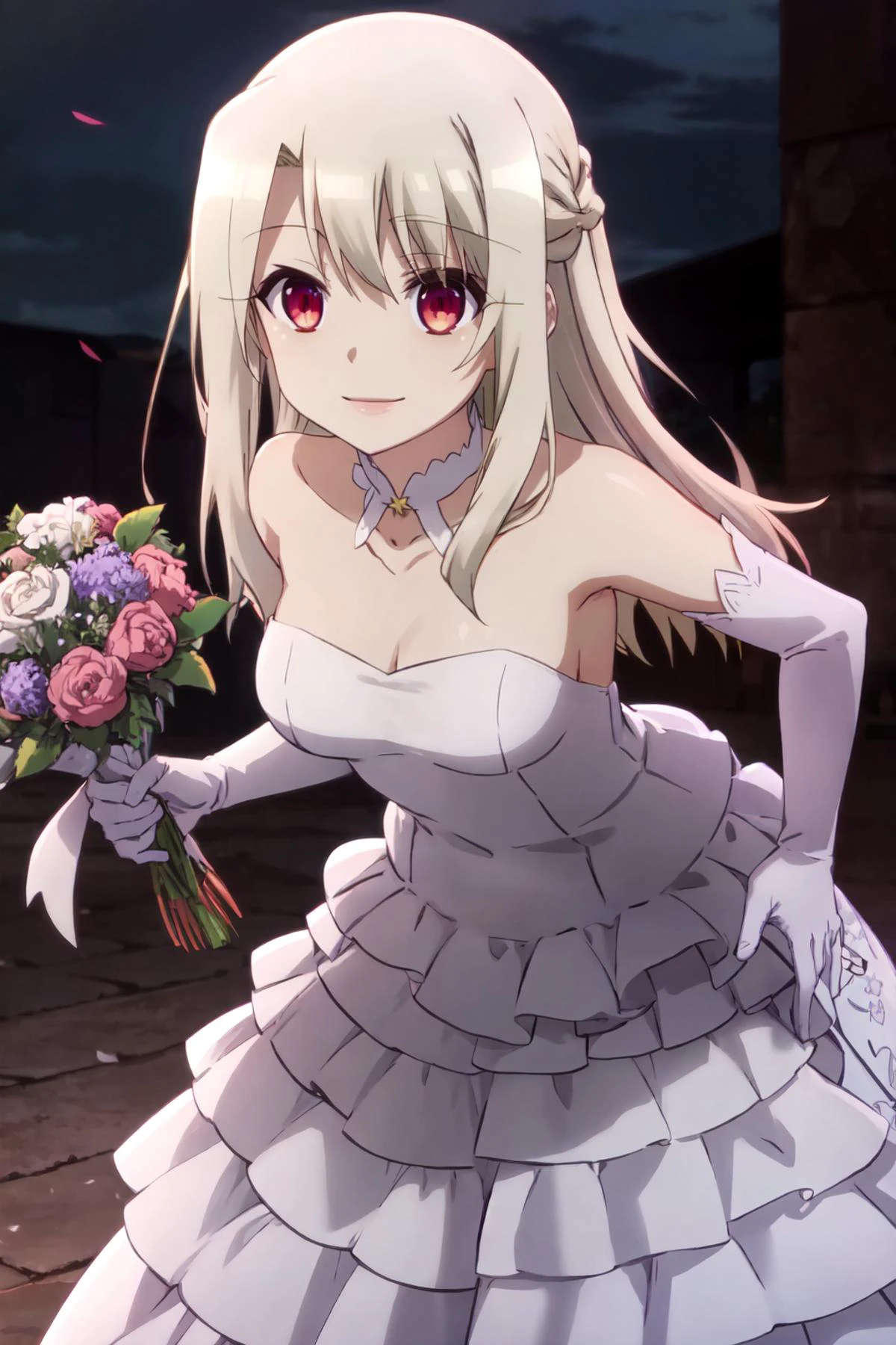 ((masterpiece,best quality)), absurdres, <lora:fateKaleidLinerPrisma_v10:1>, ((masterpiece,best quality)), 1girl, solo, long_hair, blonde_hair, red_eyes, white_hair, grey_hair, bride, wedding dress, bridal veil, strapless dress, elbow gloves, holding bouquet, solo, smiling, looking at viewer, cowboy shot, leaning forward, cowboy shot,